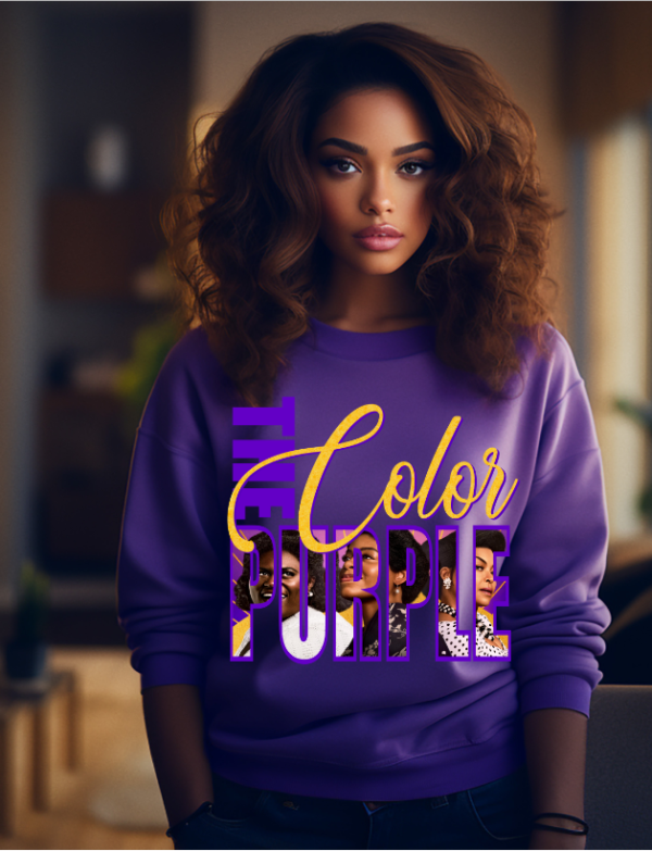 color purple script gold sweatshirt